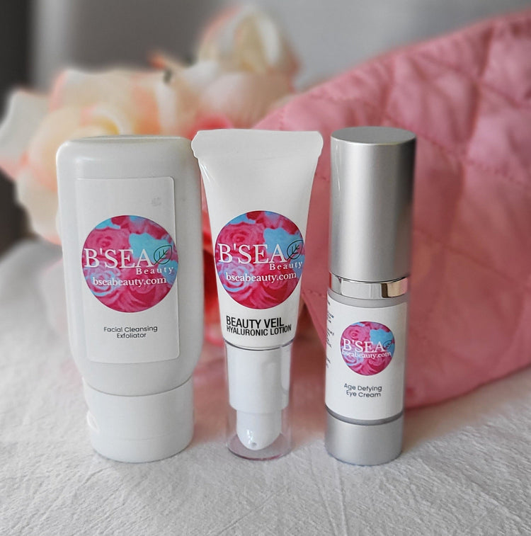 B'SEA Beauty Clean Glow Edit - Facial Cleansing Exfoliator, Beauty Veil Hyaluronic Lotion, and Age Defying Eye Cream